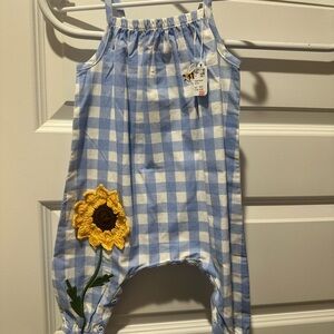 Mud Pie Blue and White Checkered Bodysuit with Sunflower